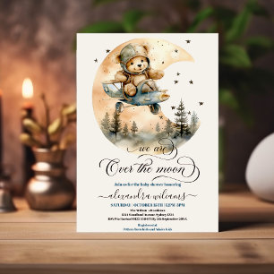 Plane Over the Moon Teddy Bear Baby Shower Invitation