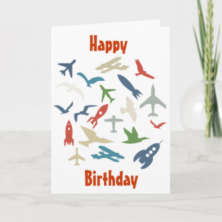 Plane, rockets and birds birthday card