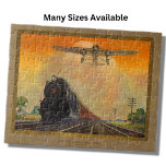 Plane & Steam Train Engine Locomotive Railroad Jigsaw Puzzle<br><div class="desc">Plane and Steam Train Poster Puzzle - see my store for more great Train Gifts</div>