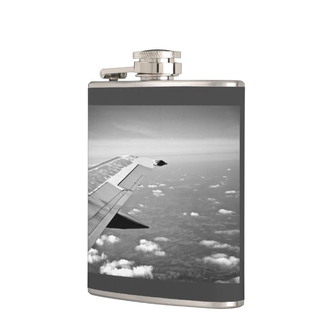 Plane Themed, Grayscale Aeroplane Wings Flying Hip Flask (Left)