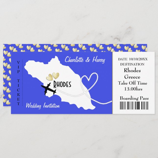 Plane Ticket Boarding Pass To Rhodes Greek Wedding Invitation (Front/Back)