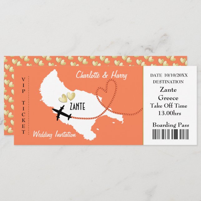 Plane Ticket Boarding Pass To Zante Greek Wedding Invitation (Front/Back)