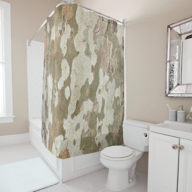 Plane tree camouflage looks bark pattern shower curtain (In Situ)