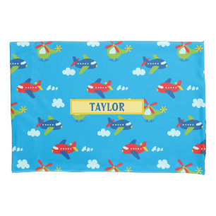 Planes, Helicopters & Clouds Art Medium Blue, Name Pillowcase