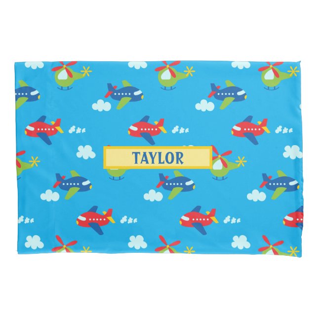Planes, Helicopters & Clouds Art Medium Blue, Name Pillowcase (Front-Left)