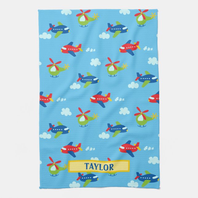 Planes Helicopters Clouds Artwork Lt Sky Blue Name Tea Towel (Vertical)