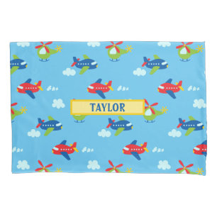 Planes Helicopters Clouds Artwork, Name, Sky Blue Pillowcase