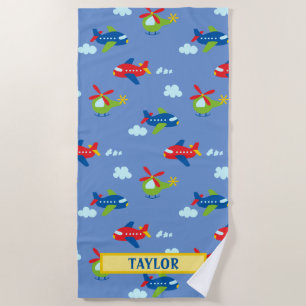 Planes, Helicopters & Clouds Artwork on Blue, Name Beach Towel