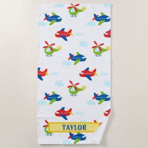 Planes Helicopters Clouds Artwork on White, Name Beach Towel