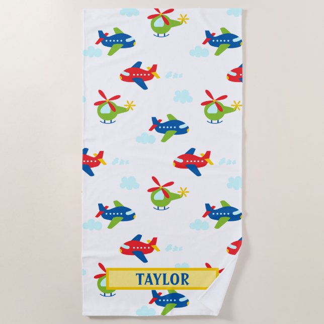 Planes Helicopters Clouds Artwork on White, Name Beach Towel (Front)