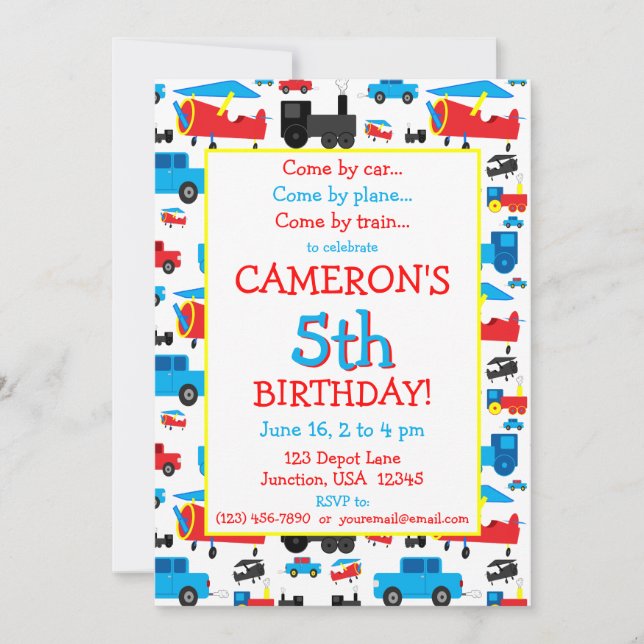Planes, Trains, and Cars Transportation Birthday Invitation (Front)