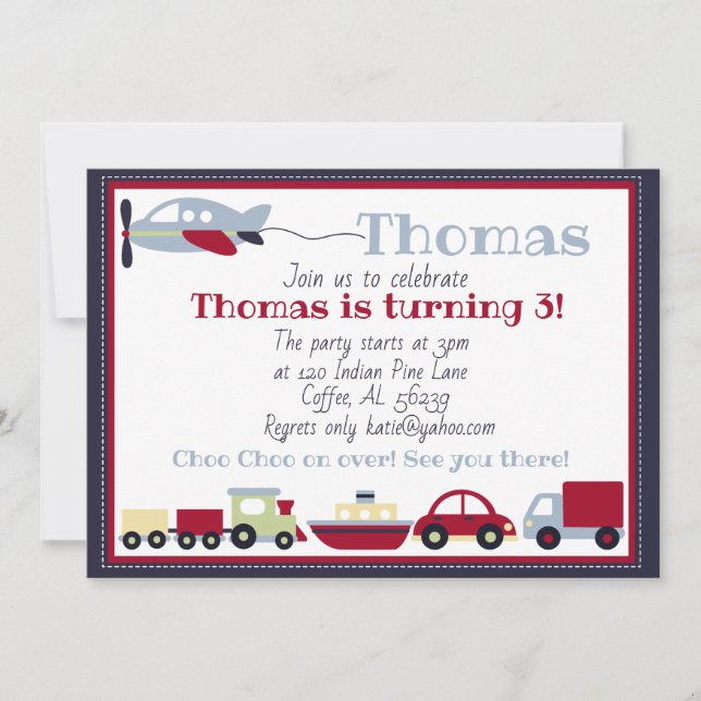 Planes, Trains, Boats and Cars Birthday Invitation (Front)