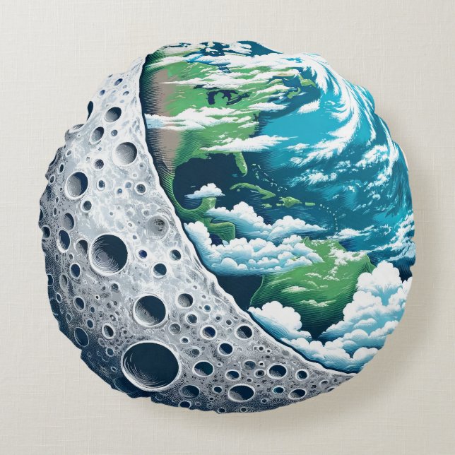 Planet Earth and Its Moon: Celestial Wonder Round Cushion (Front)