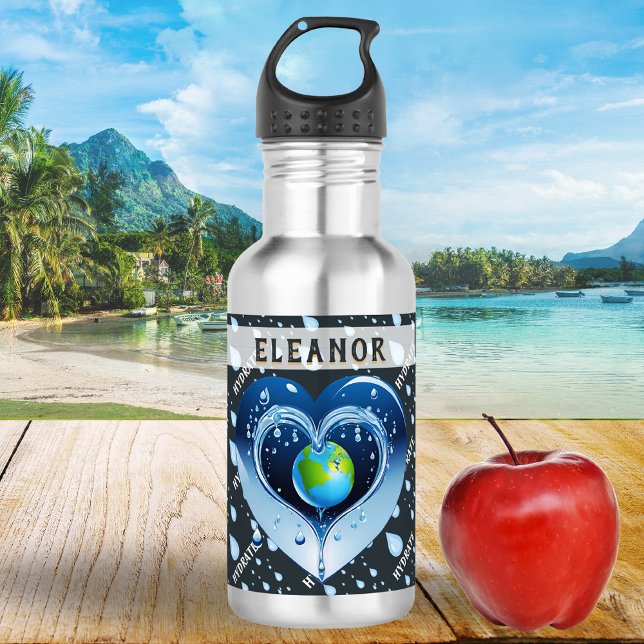 Planet Earth Hydration Green Blue Heart 532 Ml Water Bottle (A reusable, stainless steel water bottle, with a picture of planet earth and water in a heart shape)