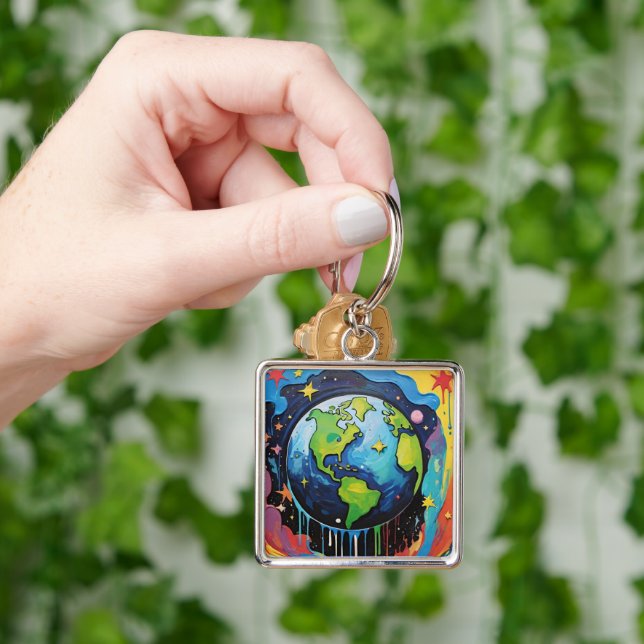 Planet Earth paint drip Key Ring (Hand)