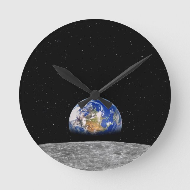 Planet Earth Rising Over Moon Round Clock (Front)
