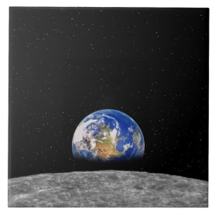 Planet earth rising over Moon Tile