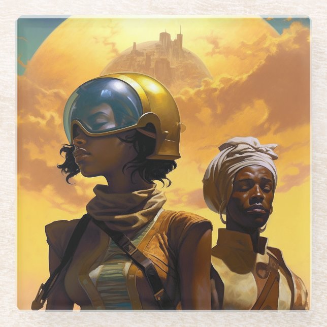 Planet Explorers Afrofuturistic Science Fiction Glass Coaster (Front)