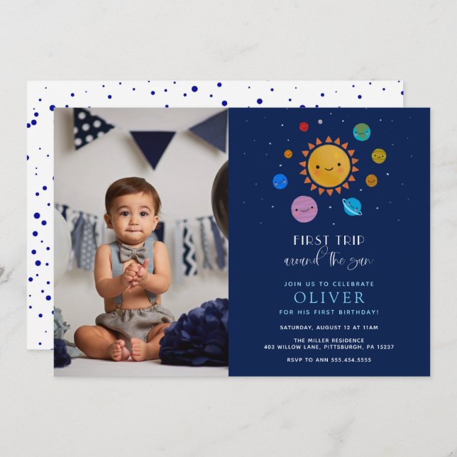 Planet First Trip Around the Sun Photo Birthday Invitation (Front/Back)