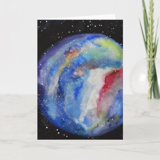 Planet Greeting Card Space Watercolor Art (Front)