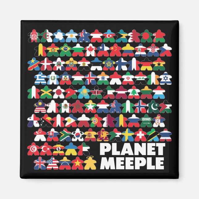 Planet Meeple, White Text Square Magnet (Front)