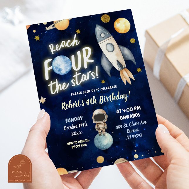 Planet Space Boy Reach Four The Stars 4th Birthday Invitation (Creator Uploaded)