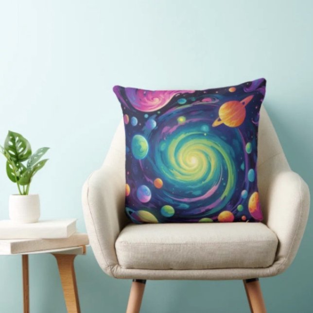 Planetary Spin Cushion (Neon Galaxy Space Throw Pillow – Cosmic Spiral Planets Home Decor Trippy Nebula Sofa Cushion Gift)