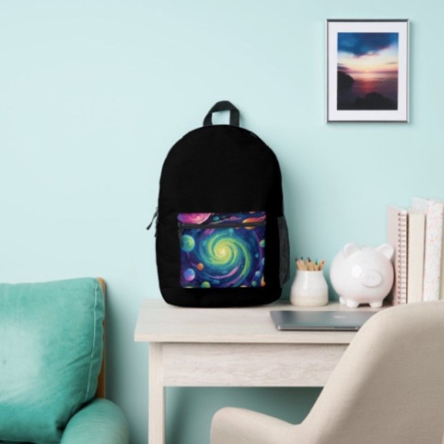 Planetary Spin Printed Backpack (Space Backpack – D:  17"x12.5"x5" Two-chamber design with laptop storage pouch. Mesh side pocket.)