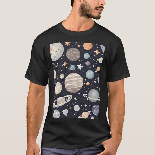 Planets And Stars Cute Random Pattern T-Shirt (Front)