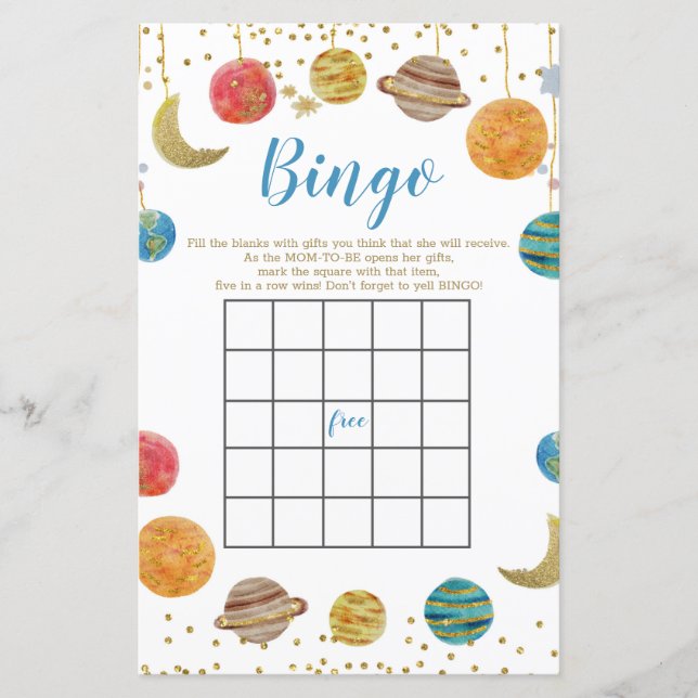 Planets Outer Space Baby Shower Gold Glitter Bingo (Front)