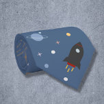 Planets & Rocket, Outer Space Blue Neck Tie<br><div class="desc">A space themed neck tie with planets,  stars,  polka dots and a rocket in cartoon style on a blue background. A nice gift idea for a man who love space!</div>