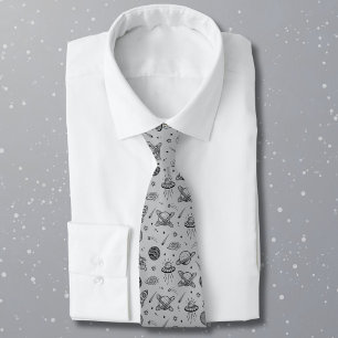 Planets rockets grey doodle space  tie