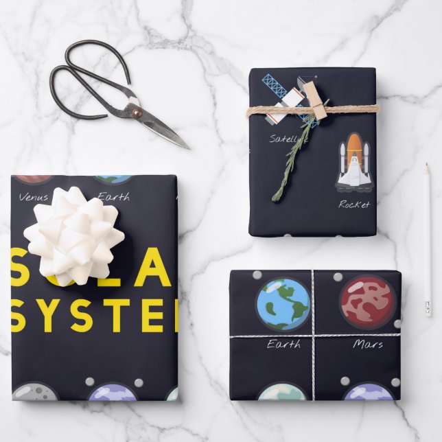 Planets Solar System Astronaut Graphic 3-Piece Wrapping Paper Sheet (Front)