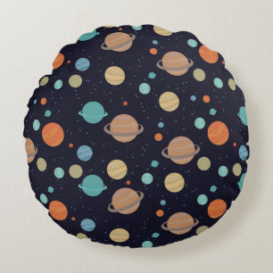 Planets, stars, galaxy round cushion