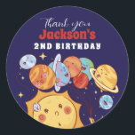 Planets Sun Outer Space Kids Birthday Party Classic Round Sticker<br><div class="desc">Cute party favours for kids,  boys or girls who love outer space,  astronomy,  planets,  rocket and outer space. Perfect for kids birthday party,  party favours and thank you label. You can also customise the text for baby shower or other occasion and party.</div>