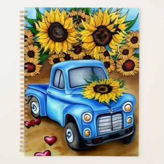 Planner  watercolor Blue truck vintage sunflower