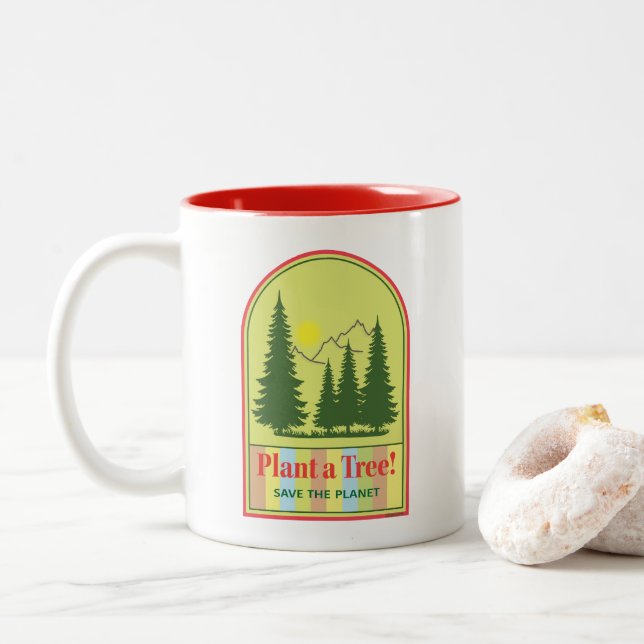 Plant a Tree, Save the Planet, Modern, Cool Two-Tone Coffee Mug (With Donut)