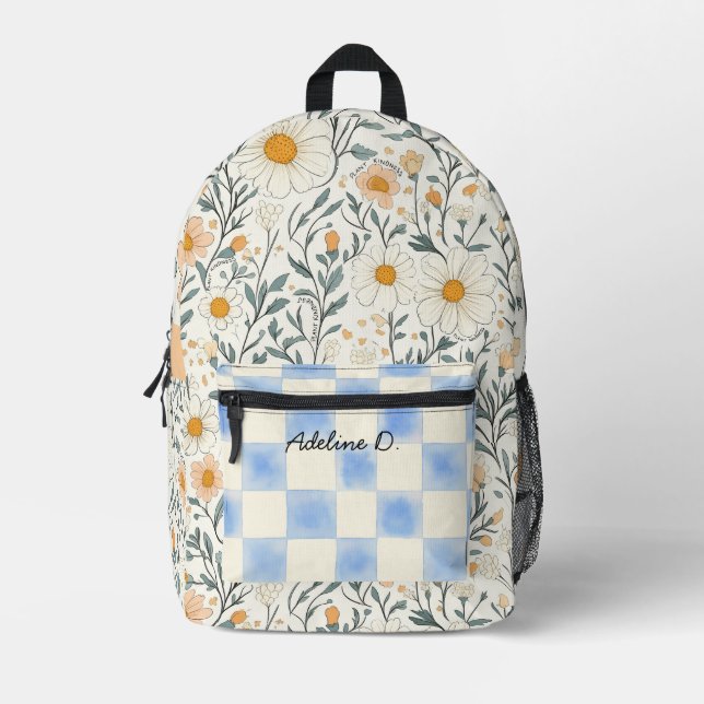 Plant Kindness Daisy and Blue Chequered Printed Backpack (Front)