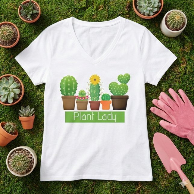 Plant Lady Cactus Succulent White T-Shirt (Showcase your passion for gardening with a plant lady t-shirt featuring succulent artwork.)