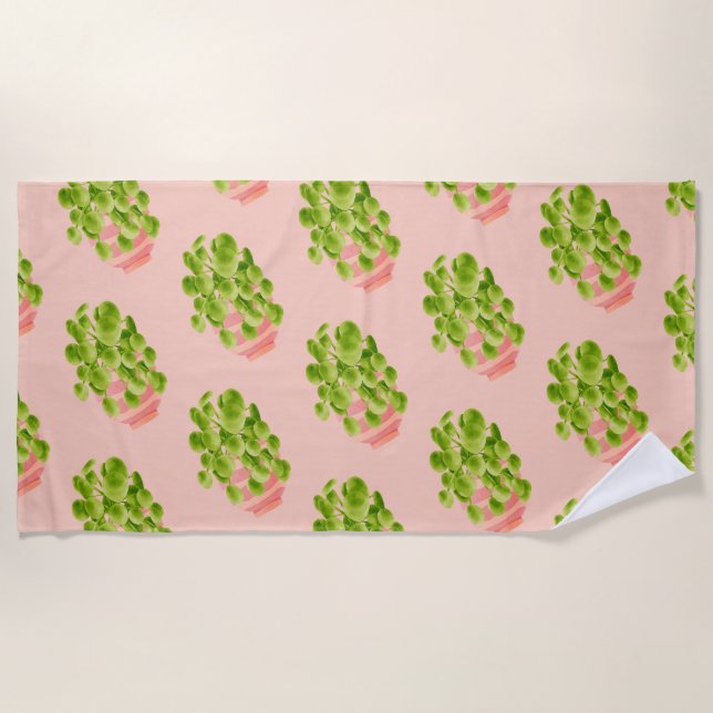 Plant lover gift- watercolor pilea houseplant  beach towel (Front)