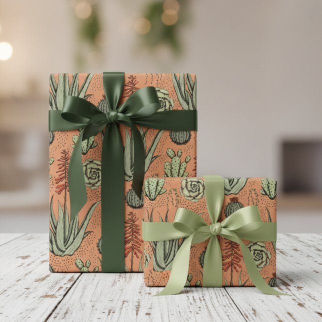 Plant Lover Orange Aloe Vera Succulents Cactus Wrapping Paper (Botanical Aloe Vera Plant Wrapping Paper 4 Plant Nature Lover. Green Aloe & Cactus Southwest Pattern)