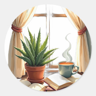 Plant Parent Reading Nook Succulent and Book Cosy Classic Round Sticker