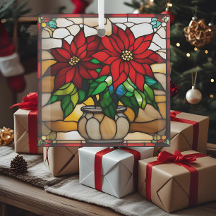 Planted Poinsettias Faux Stained Glass Tree Decoration