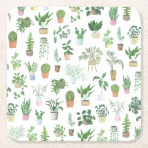 Plantita House Plants and Pots Pattern Tote Bag Square Paper Coaster