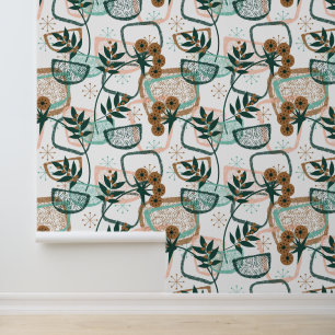 Plants and Pots Aqua Beige Mid Century Style Wallpaper