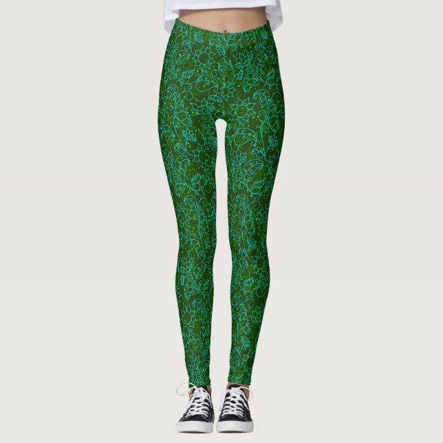 Plants pattern.14D Green floral Dgreen BG Leggings (Front)