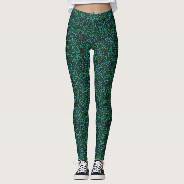 Plants pattern.14D Green floral Dgrey BG Leggings (Front)