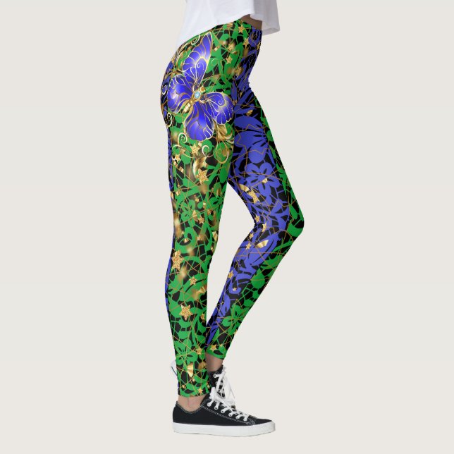Plants pattern A06.b w Butterfly Blk BG Leggings (Right)