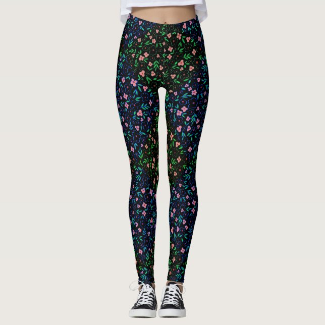 Plants pattern A10.b Black BG Leggings (Front)