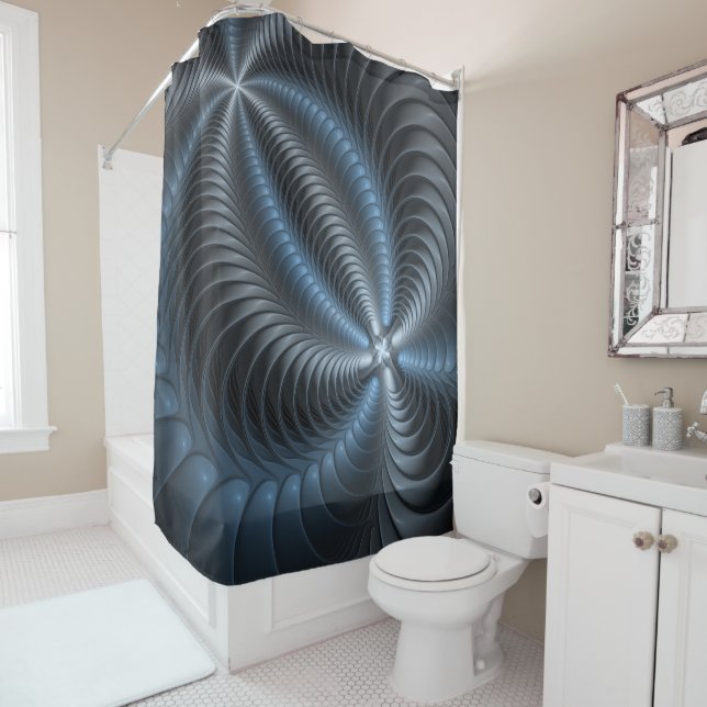 Plastic Blue Grey 3D Fractal Art Modern Abstract Shower Curtain (In Situ)